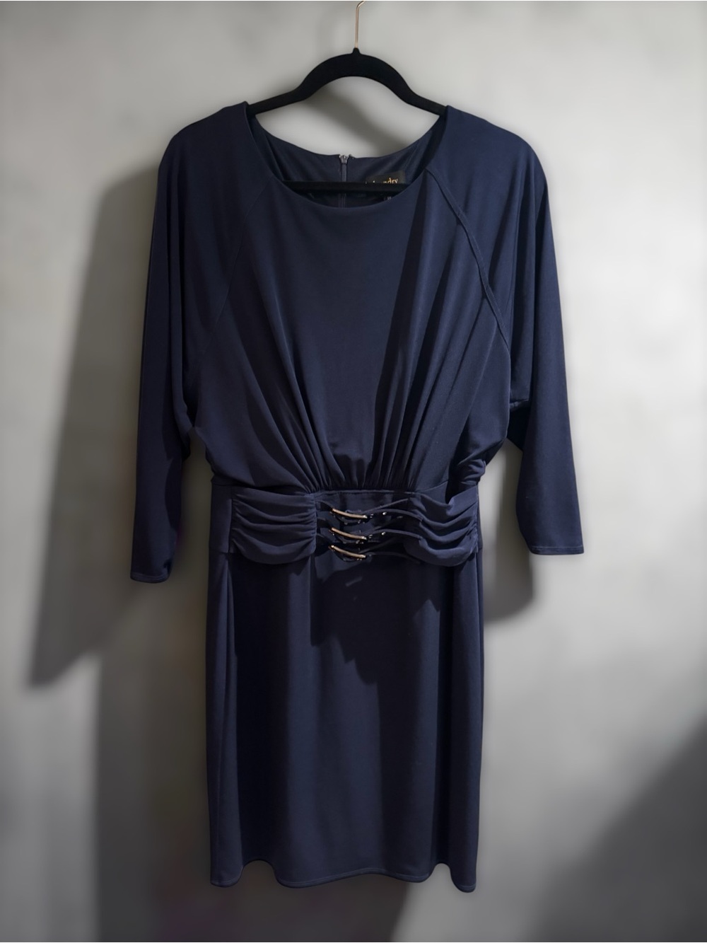 Laundry By Shelli Segal Navy 3/4 Ruched Sleeve Dress Triple belted waist, sz 10 - Picture 2 of 8